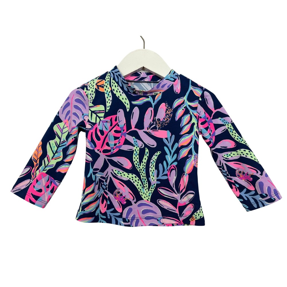 Lilly Pulitzer Girls Navy Tropical Leopard Print Long Sleeve Rash Guard Size 2